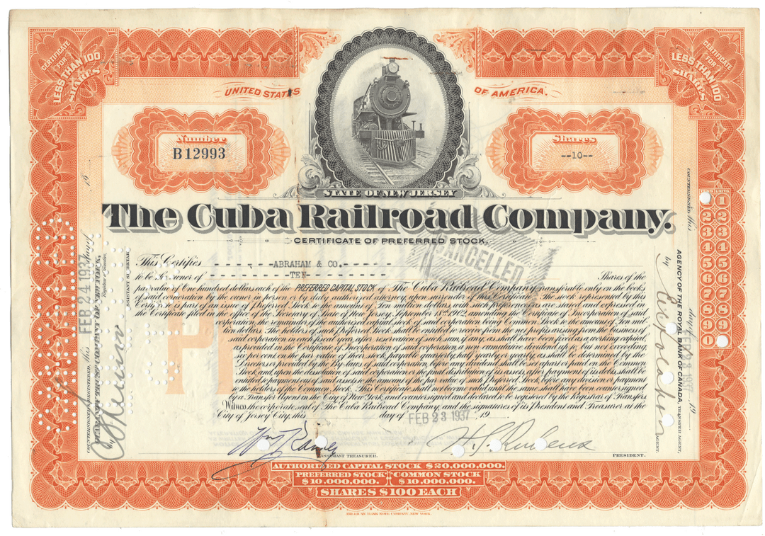 Certificate of preferred stock from The Cuba Railroad Company with decorative border and steam locomotive illustration.