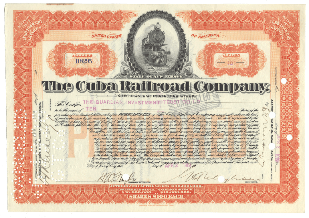 Certificate of preferred stock from The Cuba Railroad Company from 1919