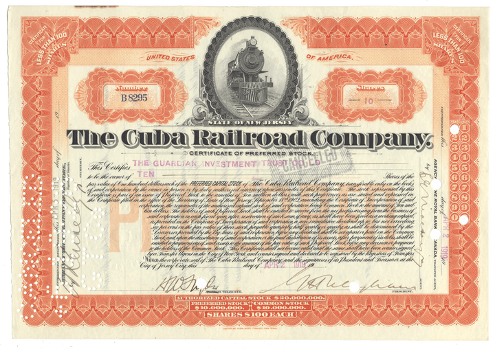 Certificate of preferred stock from The Cuba Railroad Company from 1919