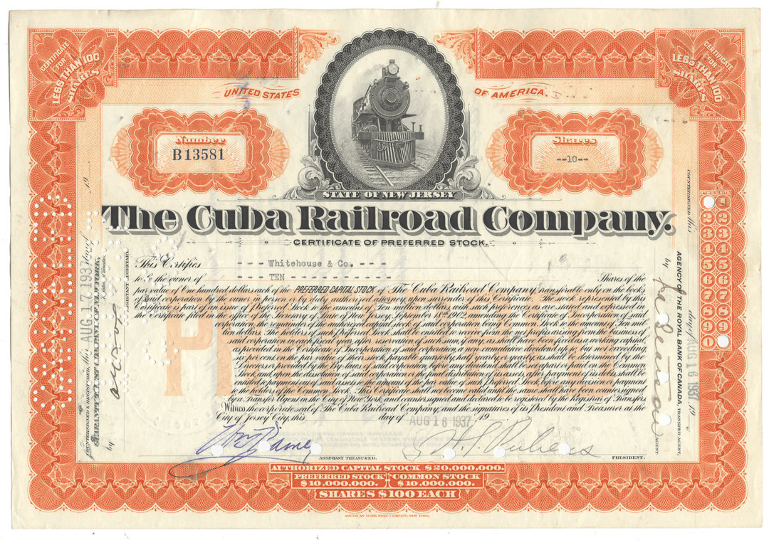 Certificate of preferred stock from The Cuba Railroad Company with a train logo.