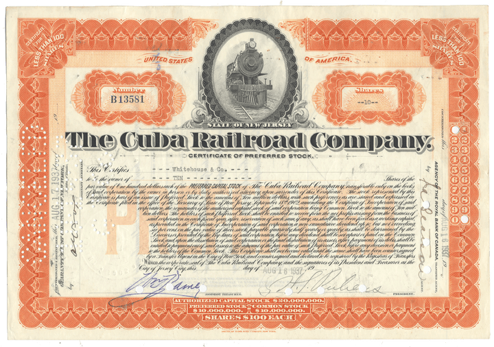 Certificate of preferred stock from The Cuba Railroad Company with a train logo.