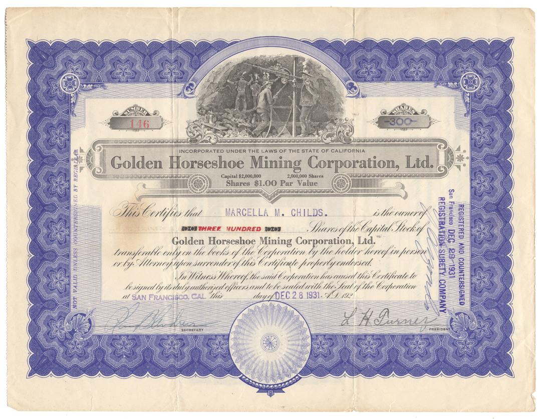 Vintage stock certificate for Golden Horseshoe Mining Corporation, Ltd. with decorative border and text.