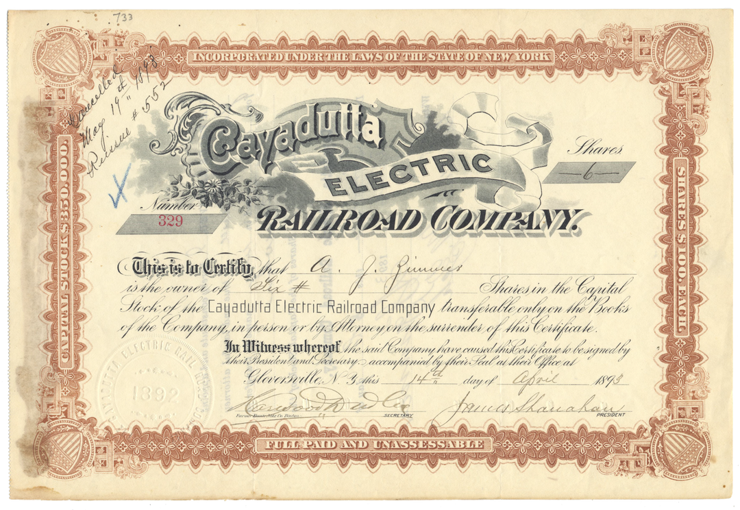 Cayadutta Electric Railroad Company Stock Certificate