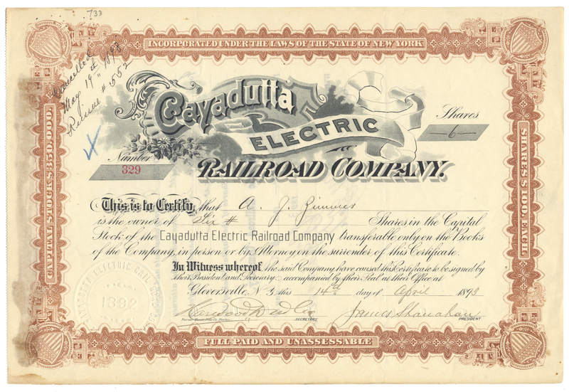 Cayadutta Electric Railroad Company Stock Certificate
