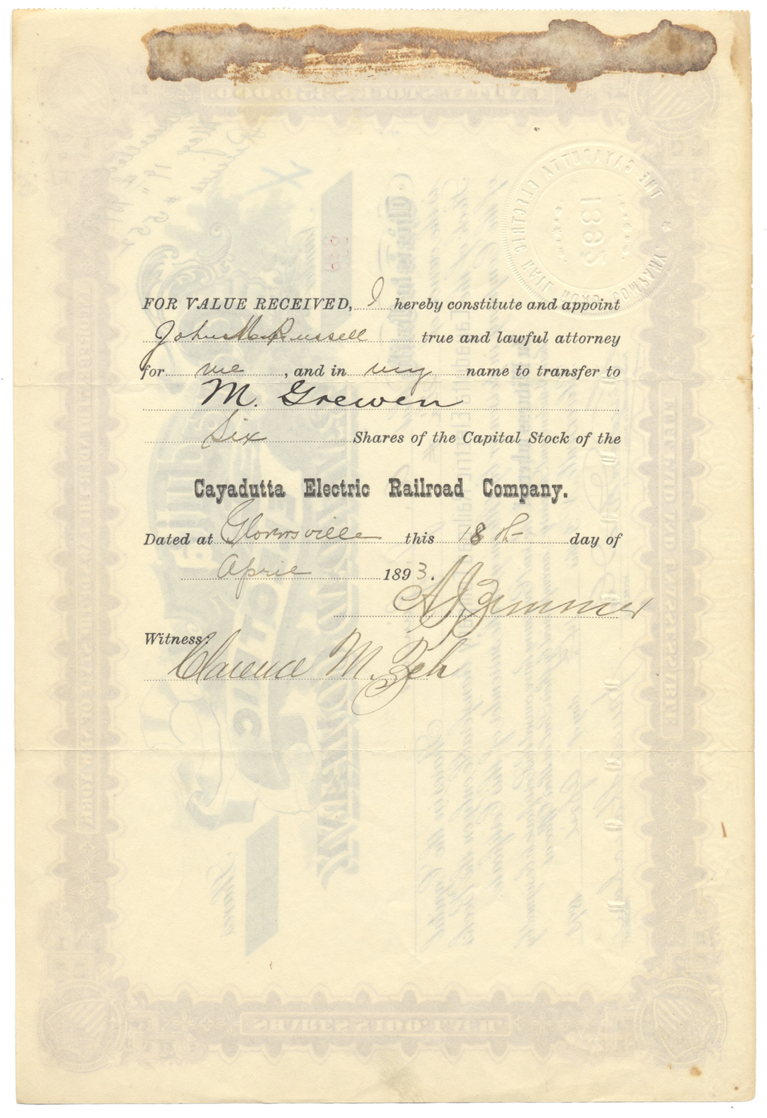 Cayadutta Electric Railroad Company Stock Certificate