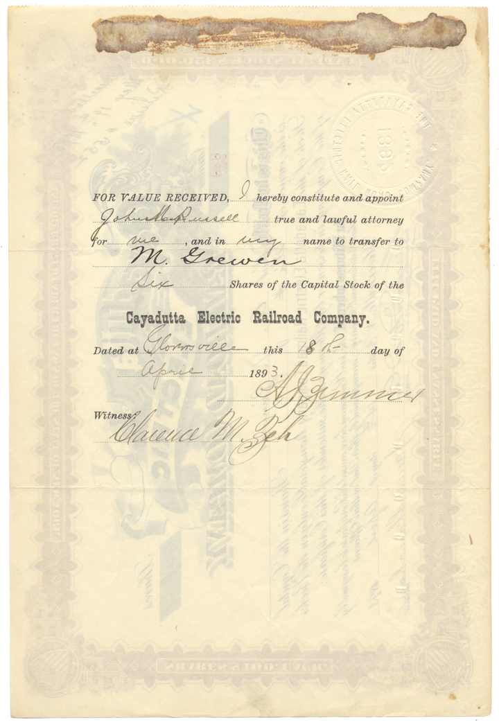 Cayadutta Electric Railroad Company Stock Certificate