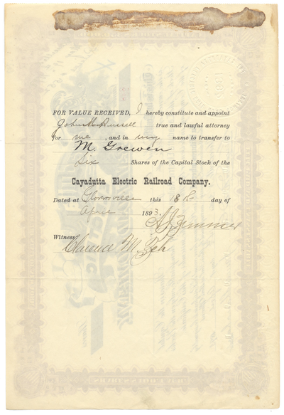 Cayadutta Electric Railroad Company Stock Certificate