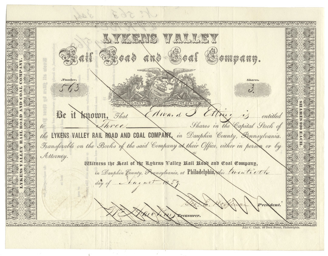 Historical stock certificate for Lyken's Valley Rail Road and Coal Company from 1859.
