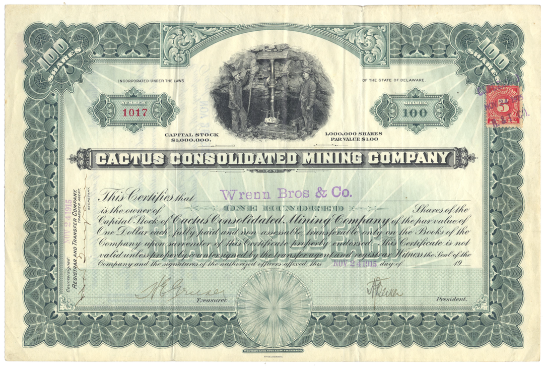 Cactus Consolidated Mining Company Stock Certificate