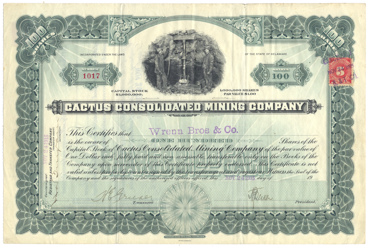 Cactus Consolidated Mining Company Stock Certificate