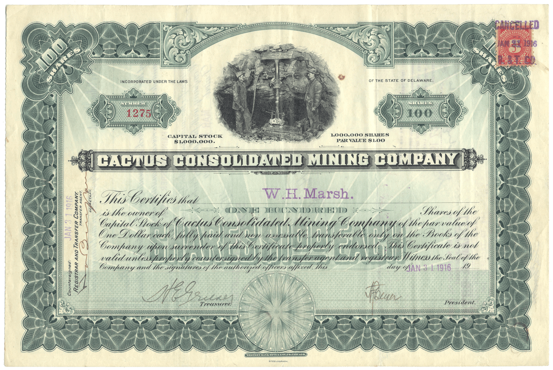 Cactus Consolidated Mining Company Stock Certificate