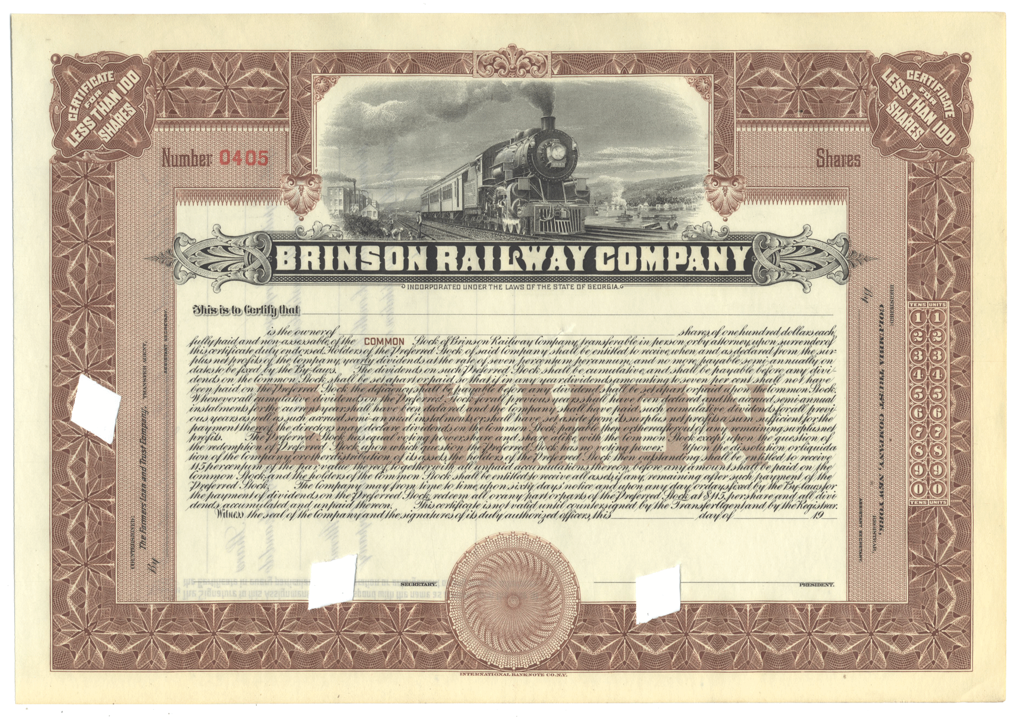 Branson Railway Company stock certificate with steam locomotive illustration