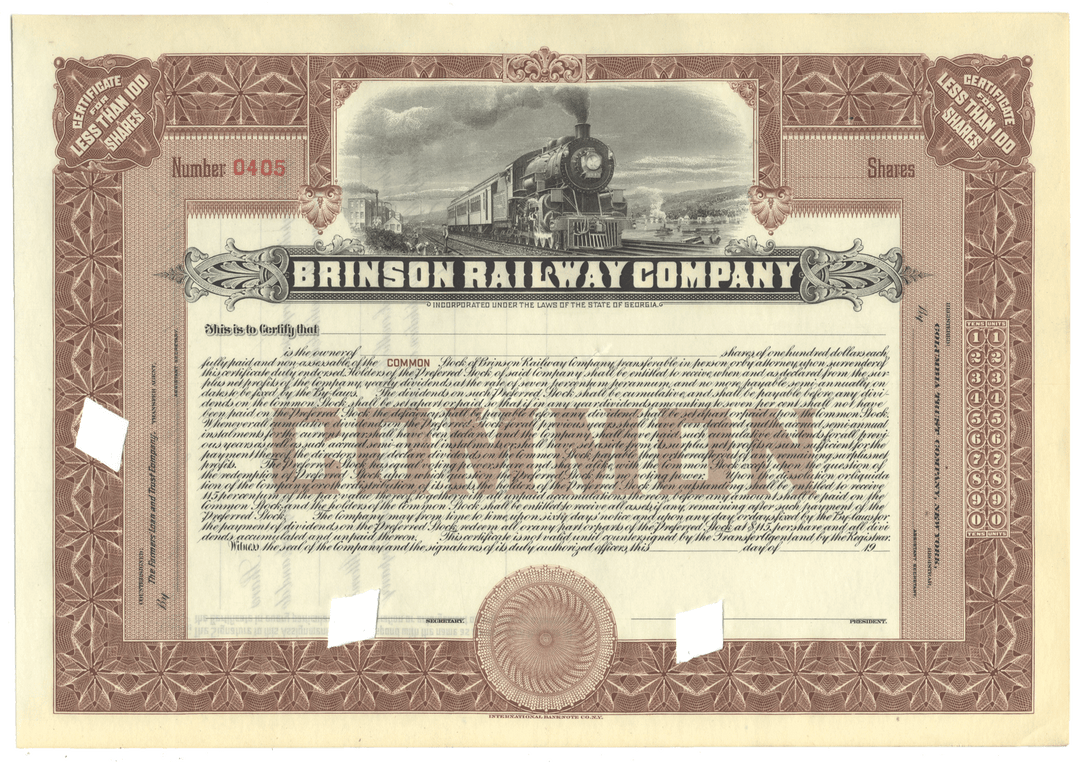 Branson Railway Company stock certificate with steam locomotive illustration
