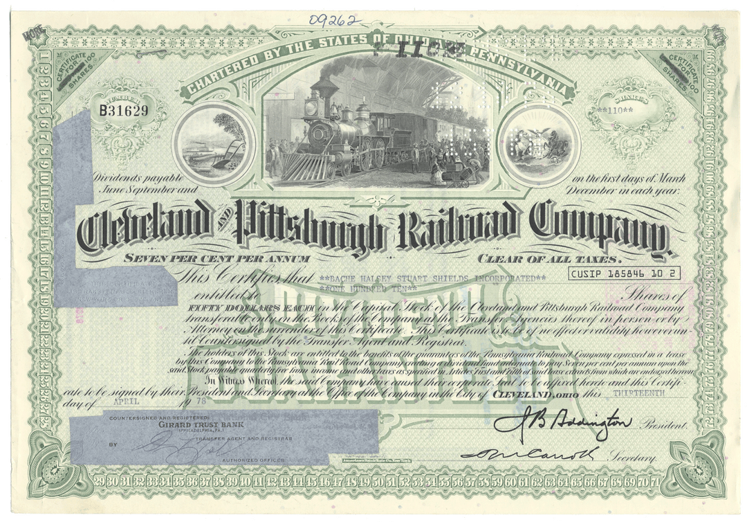 Cleveland & Pittsburgh Railroad Company stock certificate with train illustration