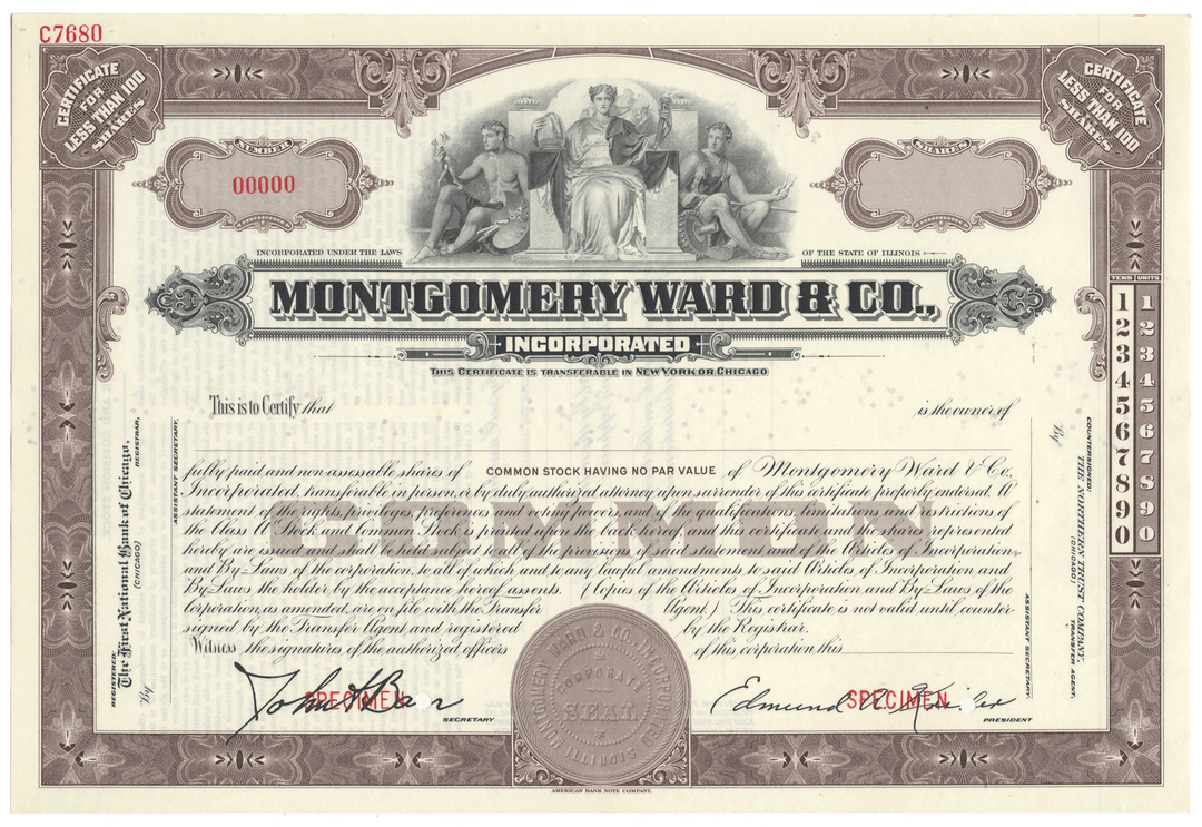 Montgomery Ward specimen stock certificate