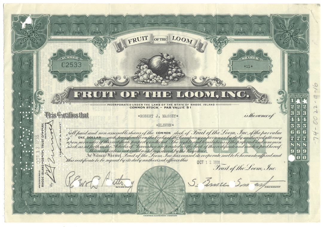 Fruit of the Loom stock certificate with decorative elements
