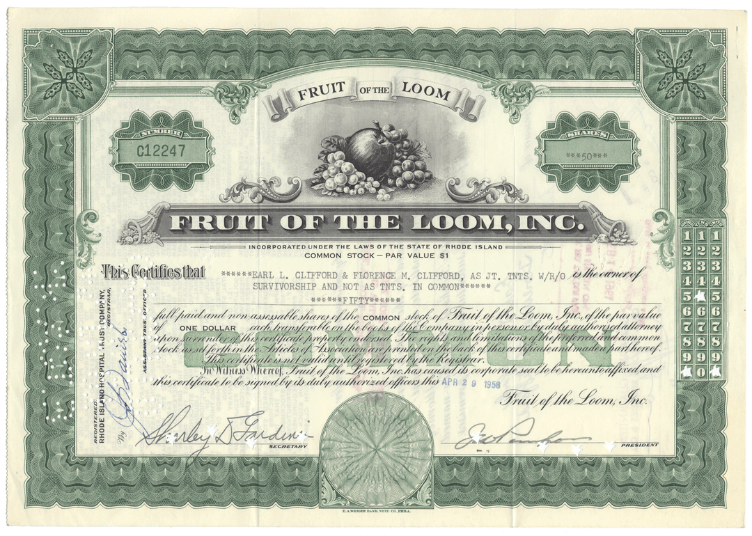 Fruit of the Loom stock certificate with decorative elements