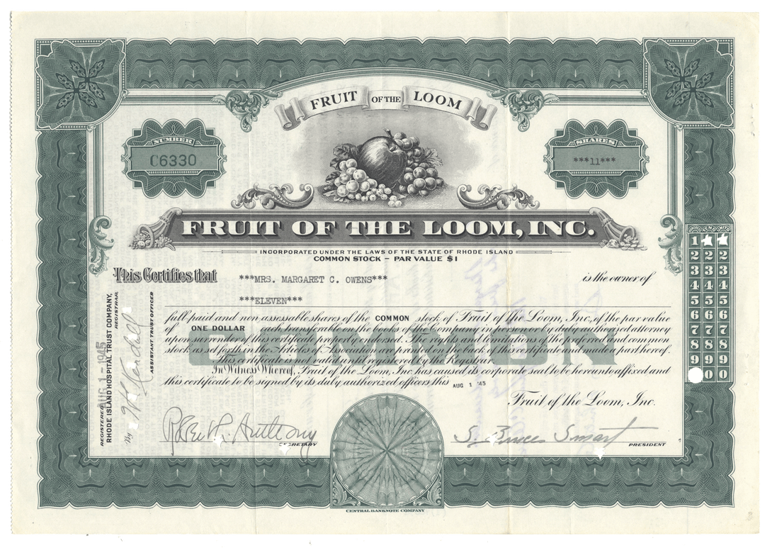 Vintage stock certificate for Fruit of the Loom, Inc. with decorative elements.