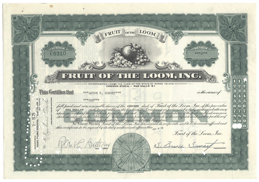 Fruit of the Loom stock certificate with decorative elements