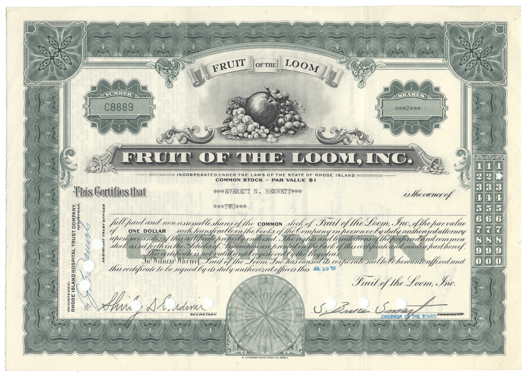 Fruit of the Loom stock certificate with decorative elements