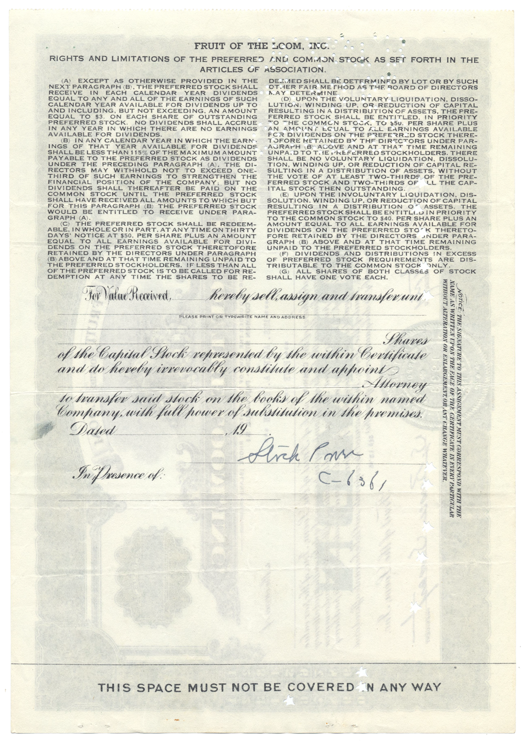 Fruit of the Loom, Inc. Stock Certificate