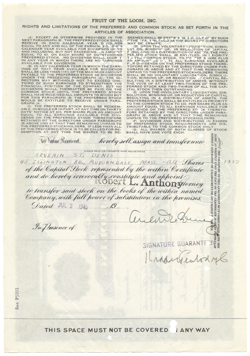 Fruit of the Loom, Inc. Stock Certificate