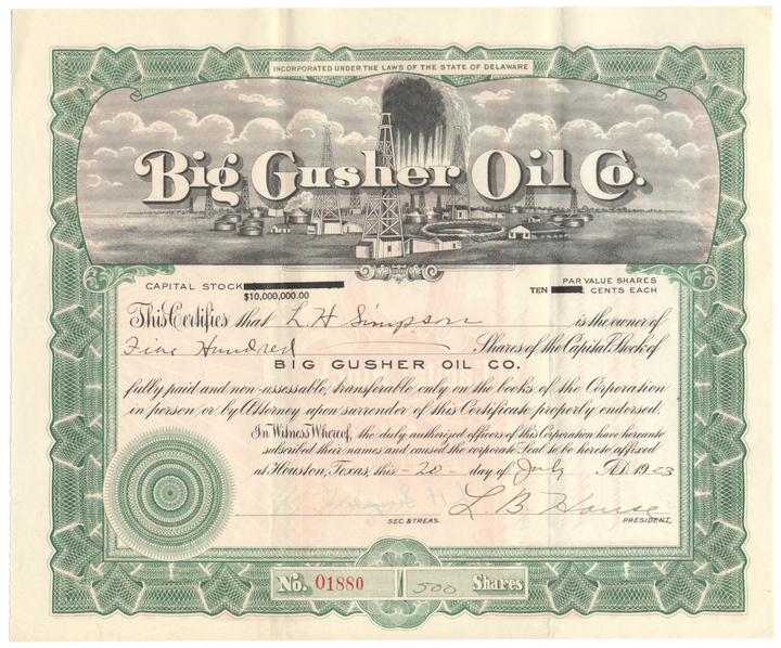 Big Gusher Oil Co. Stock Certificate