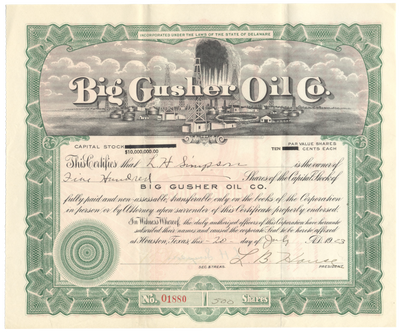 Big Gusher Oil Co. Stock Certificate