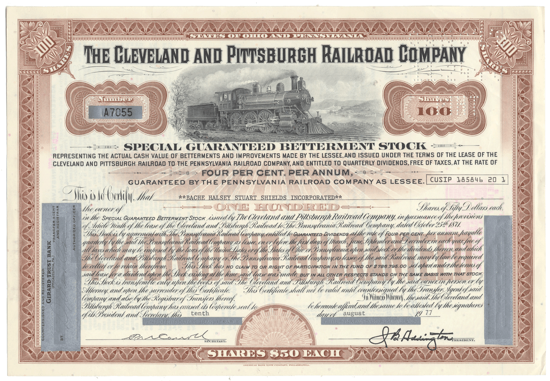 Vintage stock certificate for the Cleveland and Pittsburgh Railroad Company with a steam locomotive illustration.