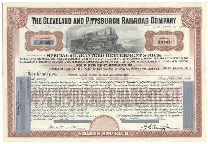 Vintage stock certificate for the Cleveland and Pittsburgh Railroad Company with a steam locomotive illustration.