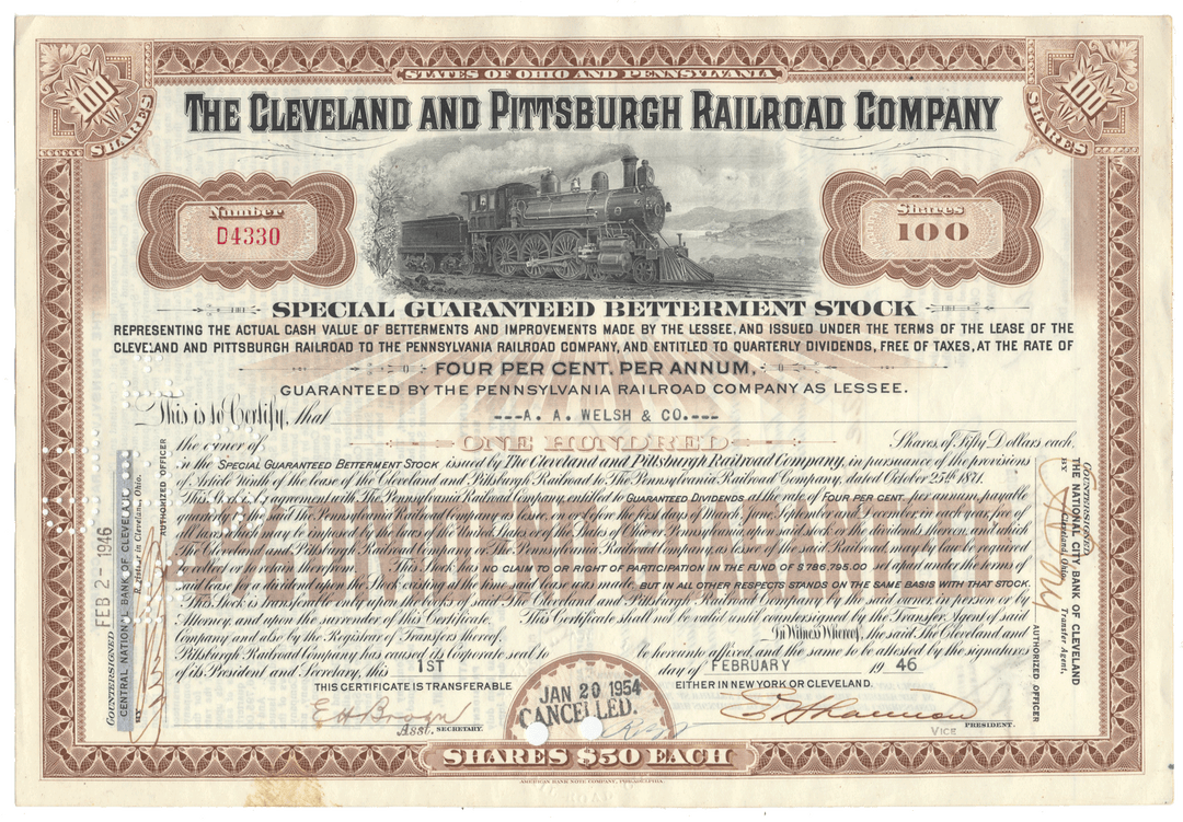 Vintage stock certificate for the Cleveland and Pittsburgh Railroad Company with a steam locomotive vignette dated 1946.