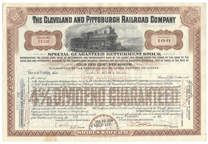 Vintage stock certificate for the Cleveland and Pittsburgh Railroad Company with a steam locomotive vignette dated 1946.