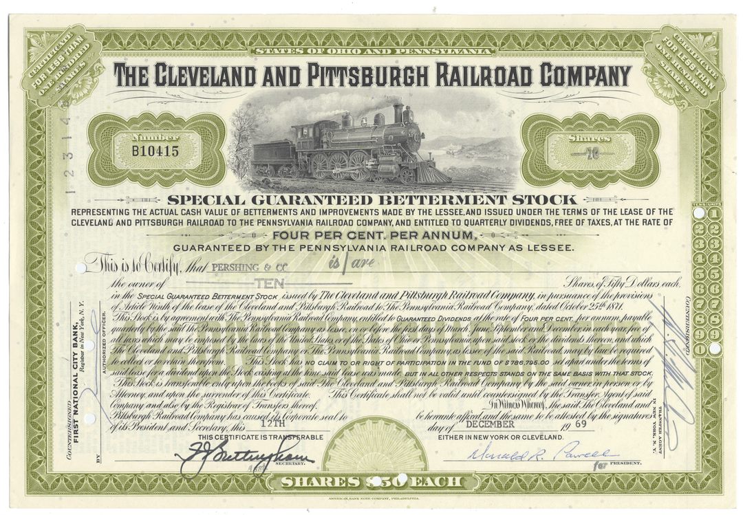 Certificate of The Cleveland and Pittsburgh Railroad Company with a steam locomotive illustration.