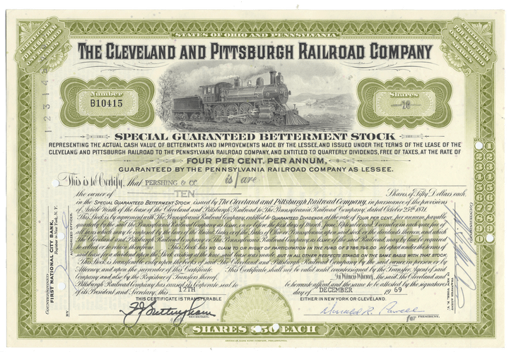 Certificate of The Cleveland and Pittsburgh Railroad Company with a steam locomotive illustration.