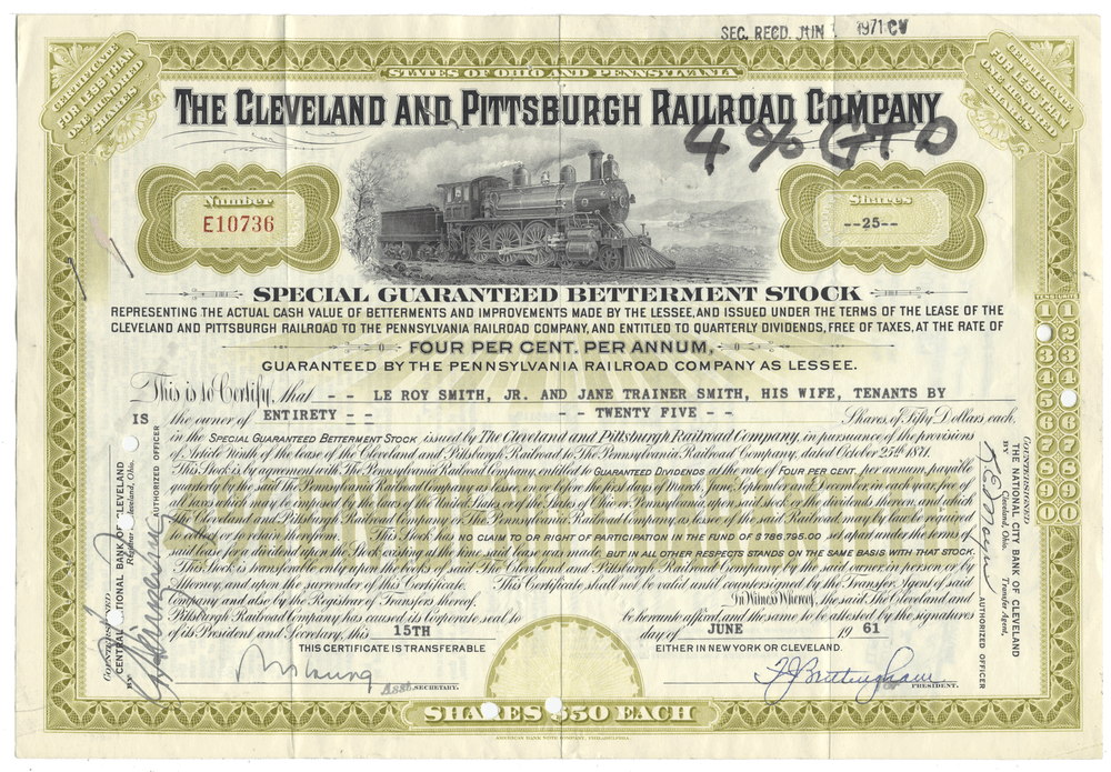Historical stock certificate of the Cleveland and Pittsburgh Railroad Company with a train illustration from 1961