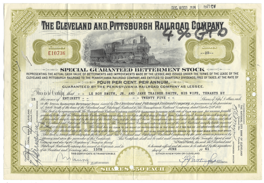 Historical stock certificate of the Cleveland and Pittsburgh Railroad Company with a train illustration from 1961