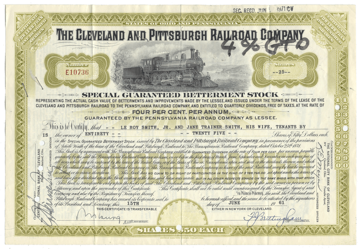 Historical stock certificate of the Cleveland and Pittsburgh Railroad Company with a train illustration from 1961