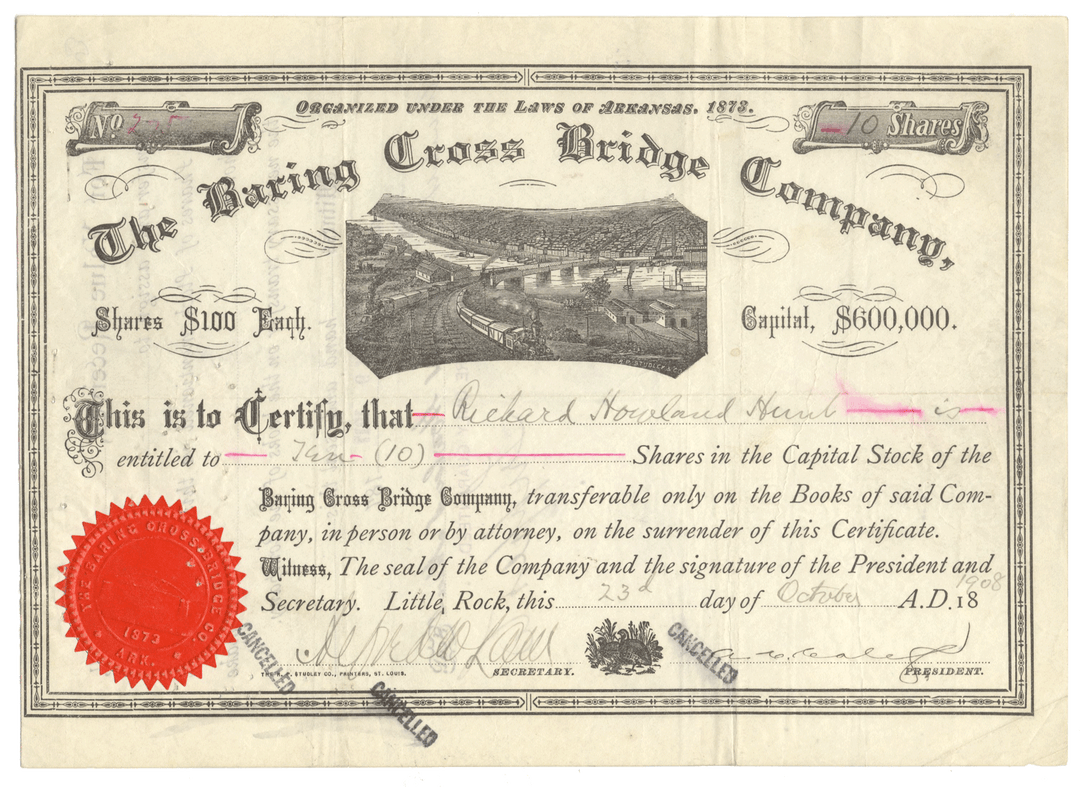 Vintage stock certificate for the Baring Cross Bridge Company with a red stamp and black text.