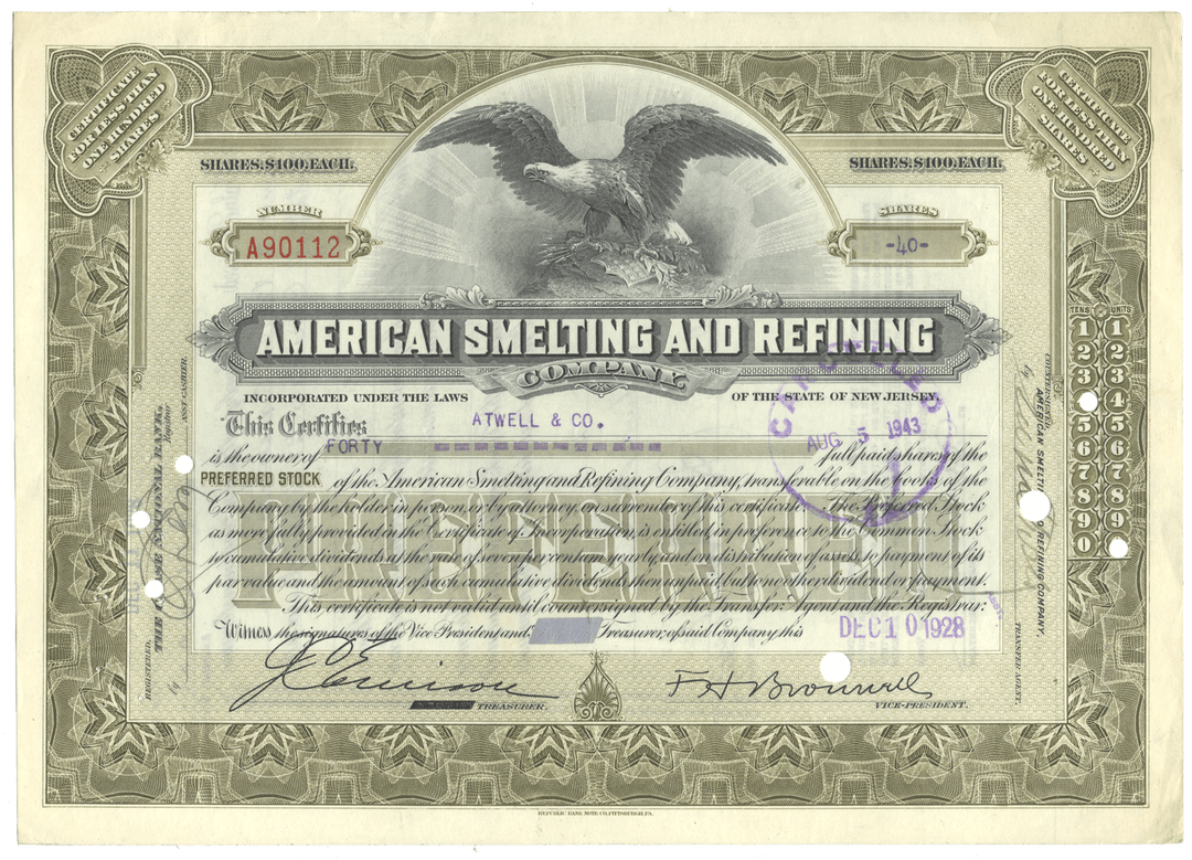 Vintage stock certificate for American Smelting and Refining Company with an eagle emblem.