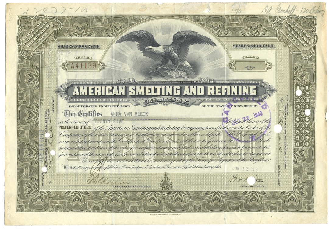 A vintage American Smelting and Refining stock certificate from 1913