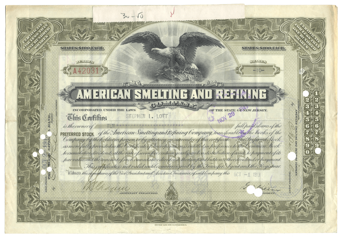 American Smelting and Refining Company Stock Certificate