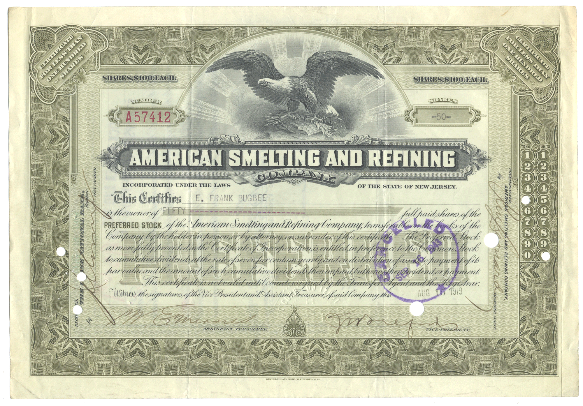 American Smelting and Refining Company stock certificate with an eagle emblem.