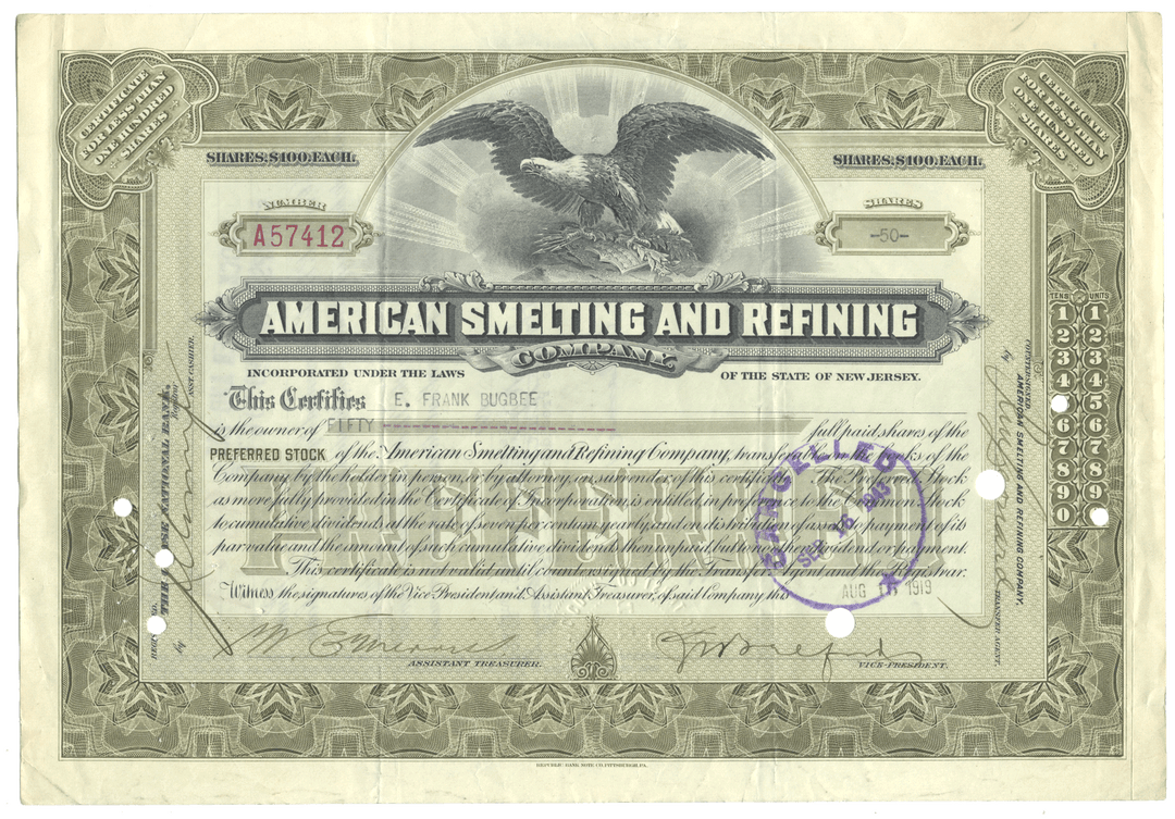 American Smelting and Refining Company stock certificate with an eagle emblem.
