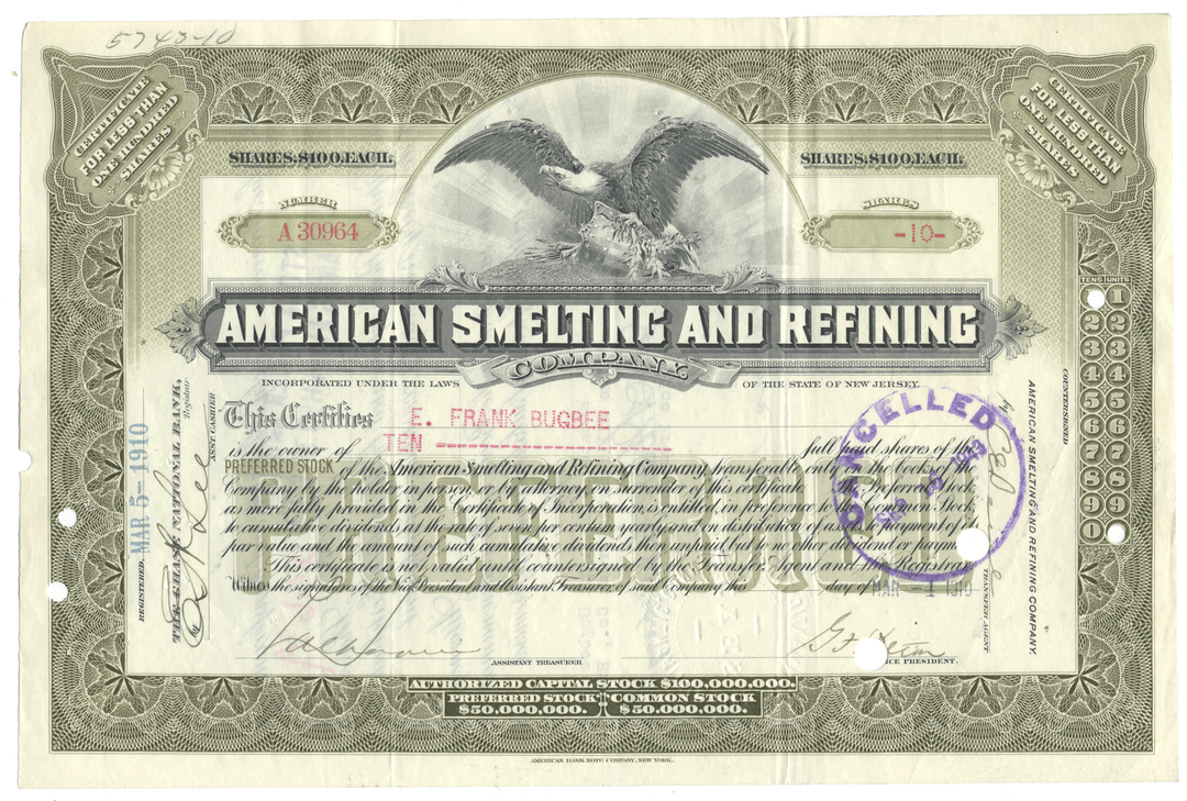 Vintage stock certificate for American Smelting and Refining Company with an eagle emblem.