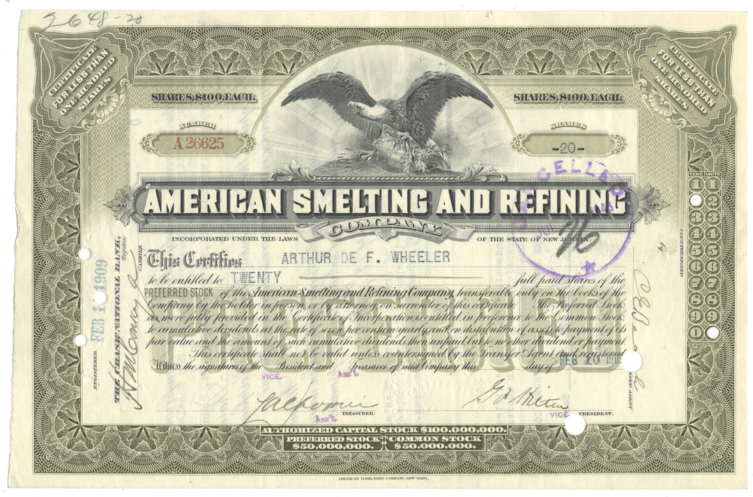 A vintage American Smelting and Refining Company stock certificate dated 1909