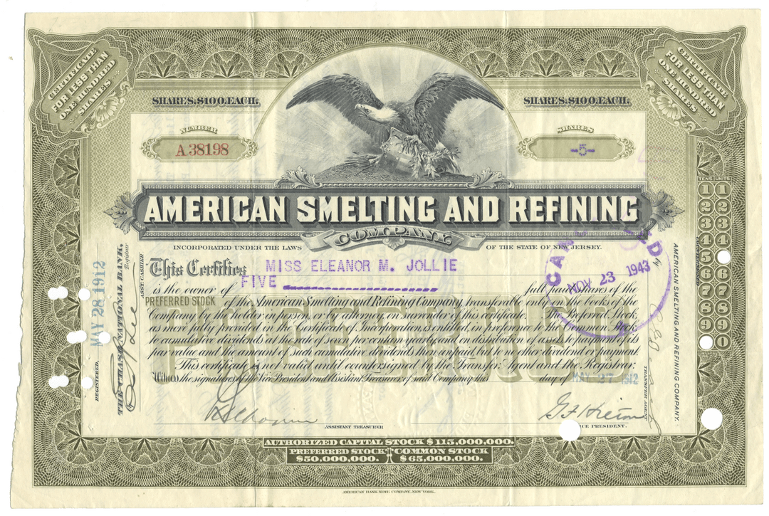 An antique stock certificate from the American Smelting and Refining Company, dated 1912