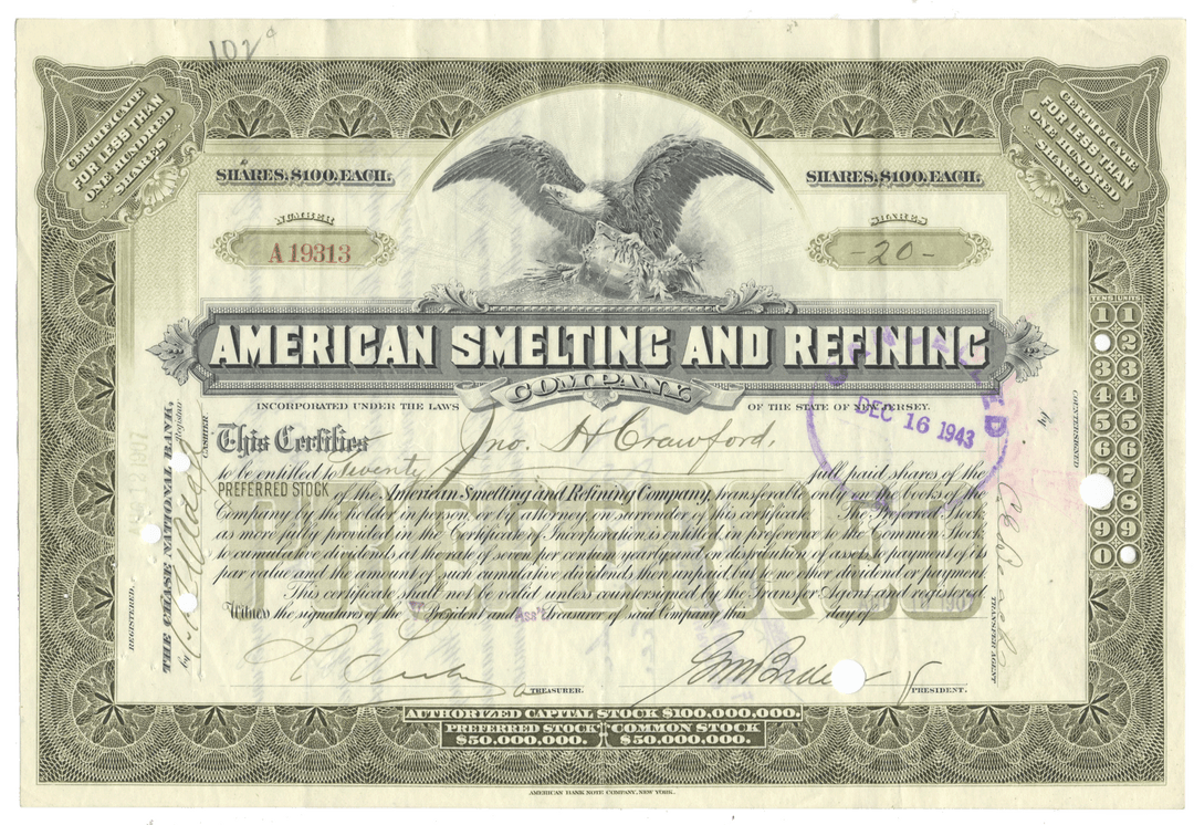 Vintage stock certificate of American Smelting and Refining Company with an eagle emblem from 1907