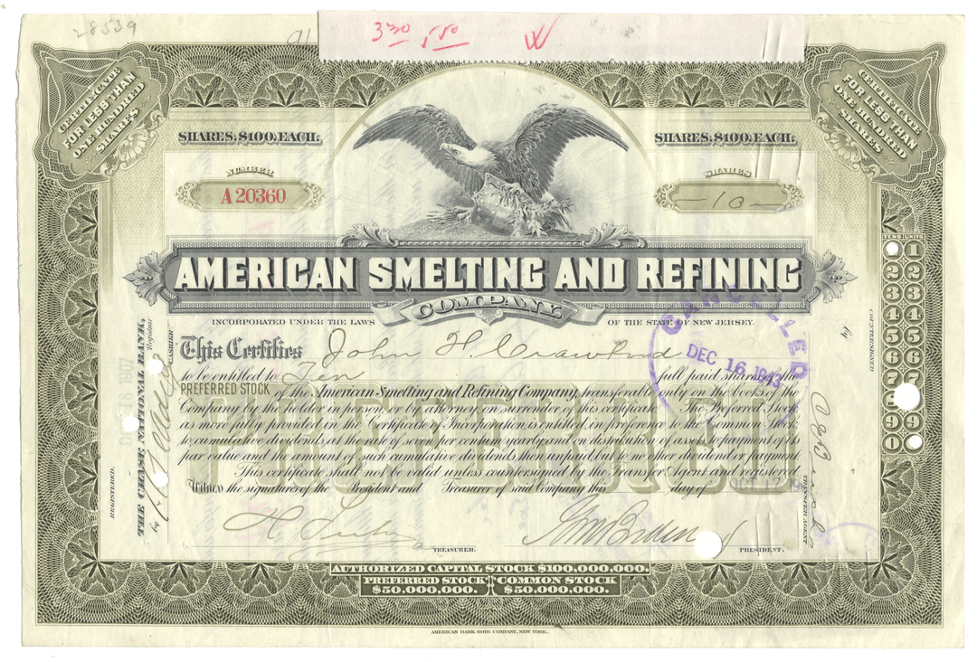 Vintage stock certificate of American Smelting and Refining Company with decorative border and eagle emblem.
