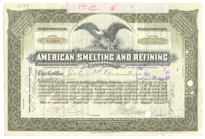 Vintage stock certificate of American Smelting and Refining Company with decorative border and eagle emblem.