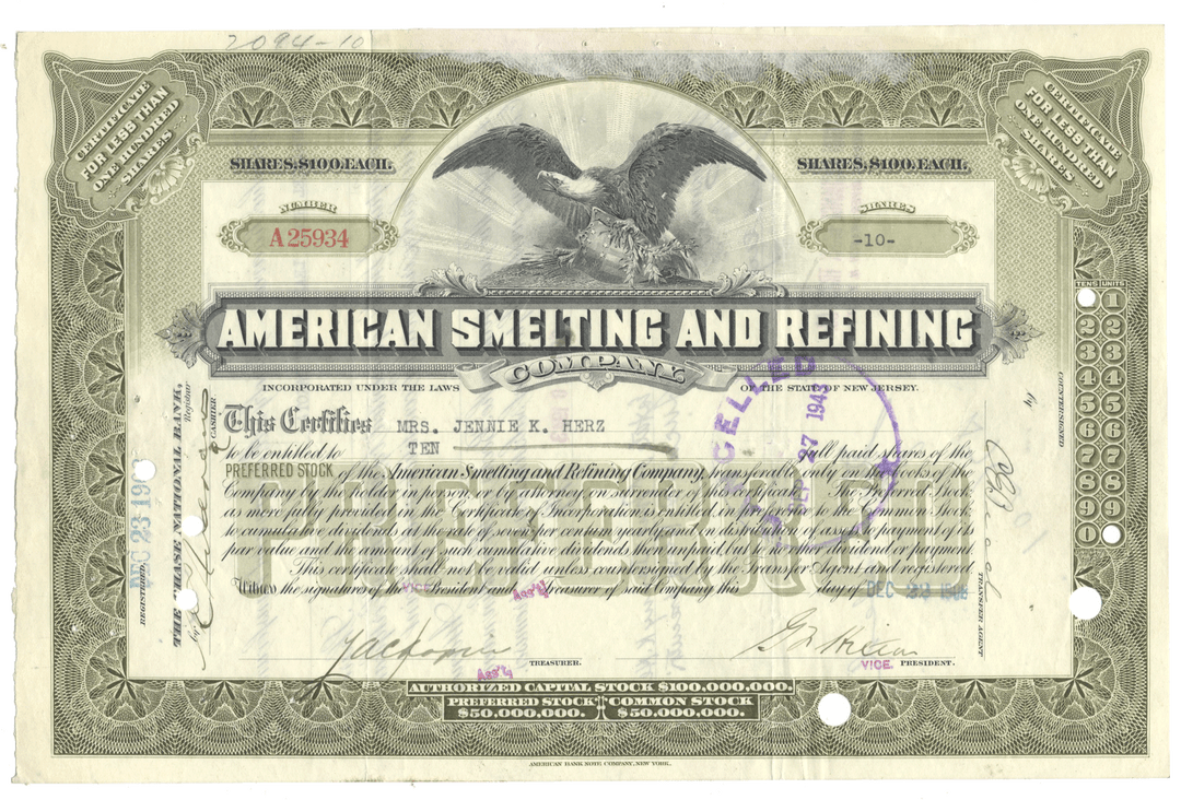Share certificate from American Smelting and Refining Company with decorative border and eagle emblem.